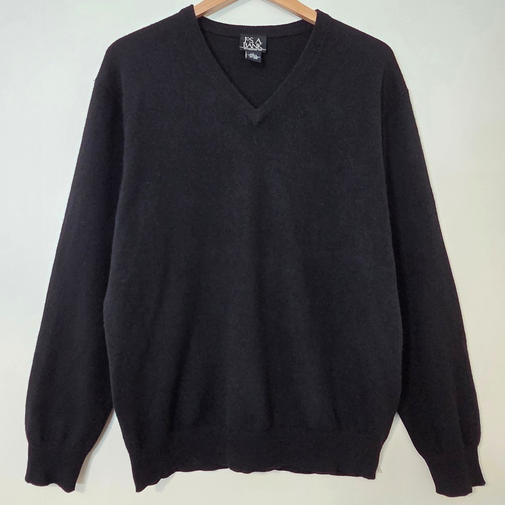 Jos A Bank 100% Mongolian Cashmere V Neck Sweater L Black Luxury Knit Pullover